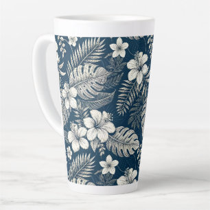 Taza De Café Latte Navy Blue Hibiscus Monstera Tropical Botanical