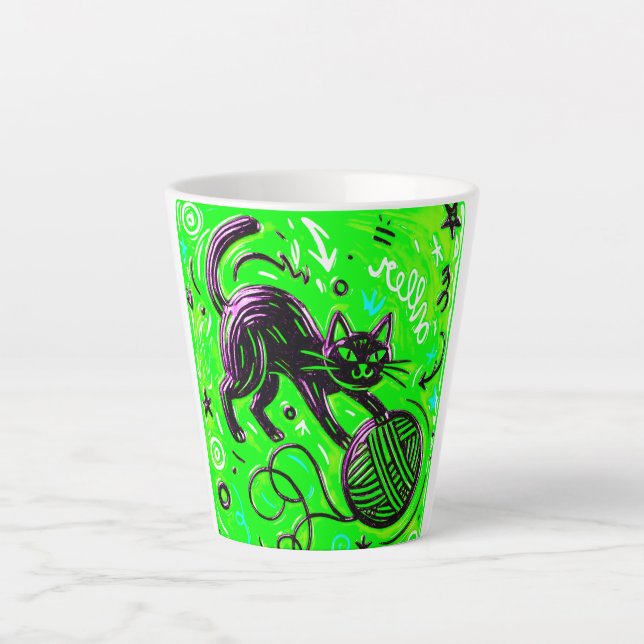 Taza De Café Latte Neon Green Black Cat (Anverso)