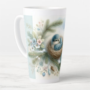 Taza De Café Latte Nido de pájaro azul con adornos en pinos de invier