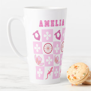 Taza De Café Latte Niña rosa vista con flores