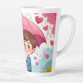 Taza De Café Latte Niños Bajo Paraguas Rosa Con Corazón Caído