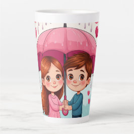 Taza De Café Latte Niños bajo paraguas rosa con corazón cayendo