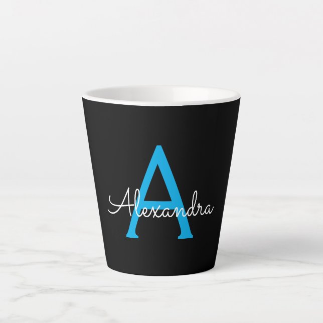 Taza De Café Latte Nombra de monograma de guión azul negro (Anverso)