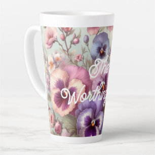 Taza De Café Latte Nombrar colores de color de agua Pansies de época 