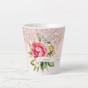 Taza De Café Latte Nombre de goteo de flores de color rosa