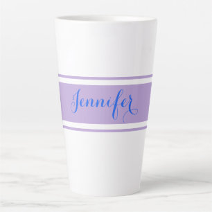 Taza De Café Latte Nombre de guión azul grande, franjas de lavanda en