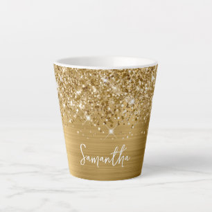 Taza De Café Latte Nombre de guión dorado con brillo extra