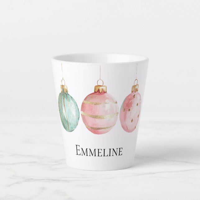 Taza De Café Latte Nombre de los adornos navideños Aqua Mint Pink Gol (Anverso)