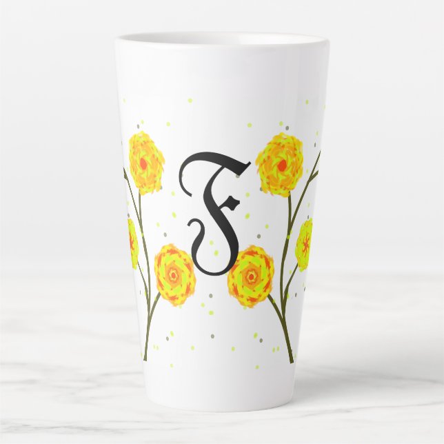 Taza De Café Latte Nombre de monograma floral de acuarela amarilla mo (Anverso)
