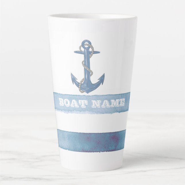 Taza De Café Latte Nombre del barco náutico, Ancla,Rope,Rayas azules  (Anverso)