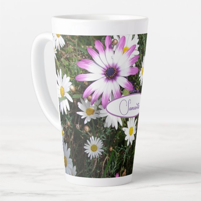 Taza De Café Latte Nombre del Personalizable de jardín de flores mora (Ángulo izquierdo)