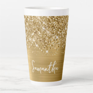 Taza De Café Latte Nombre Dorado Glam Brillante con Destellos
