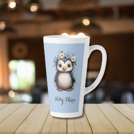 Taza De Café Latte Nombre e iniciales personalizados azules de pingüi