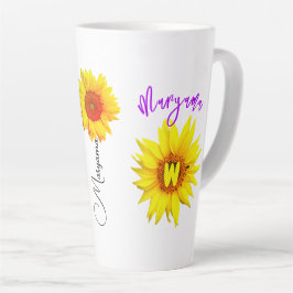 Taza De Café Latte Nombre floral y monograma | Girasol personalizado