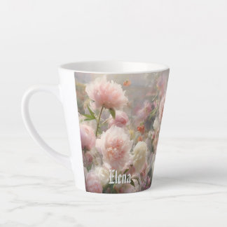 Taza De Café Latte Nombre Peonías Rosadas y Blancas Pintura Acuarela