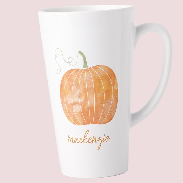 Taza De Café Latte Nombre personalizado Calabaza acuática otoño otoño (Modern script font personalized custom name watercolor pumpkin autumn fall Thanksgiving latte mug )