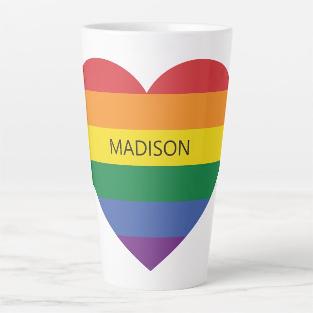 Taza De Café Latte Nombre personalizado Corazón arcoiris (Anverso)