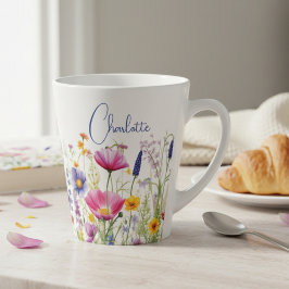 Taza De Café Latte Nombre personalizado de flor silvestre colorida