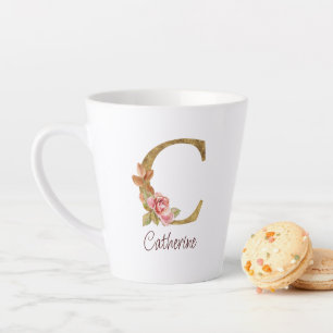Taza De Café Latte Nombre personalizado foil dorado rosas rosadas let