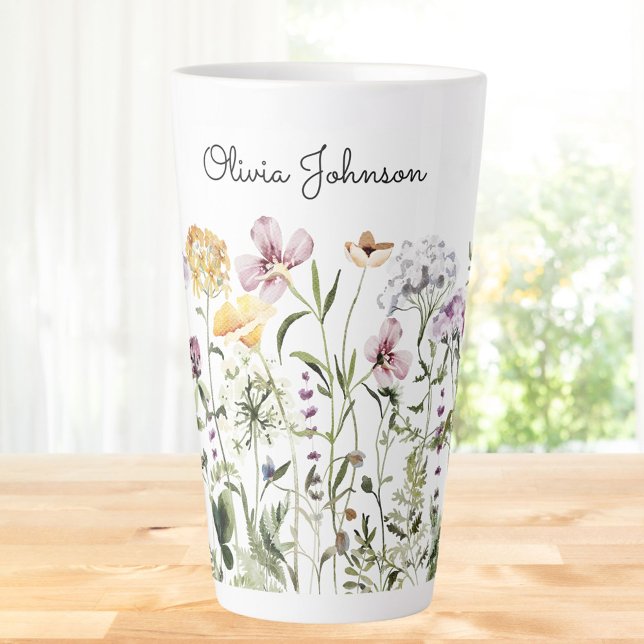 Taza De Café Latte Nombre personalizado Jardín de flores silvestres (In situ)