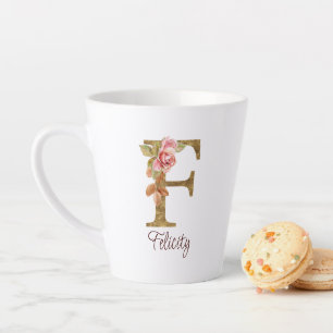 Taza De Café Latte Nombre personalizado letra F hoja de oro rosas ros
