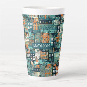 Taza De Café Latte Nombre personalizado Patrón de casas holandesas