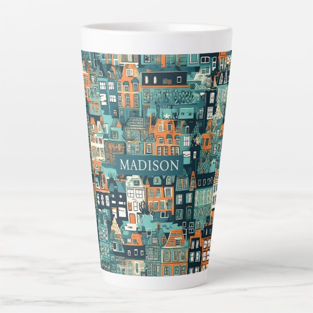 Taza De Café Latte Nombre personalizado Patrón de casas holandesas (Anverso)