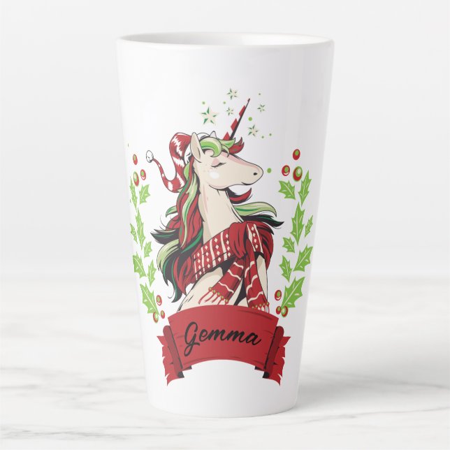 Taza De Café Latte Nombre personalizado Unicorn Navidades (Anverso)