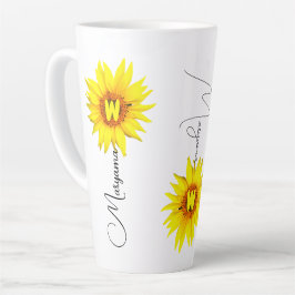 Taza De Café Latte Nombre personalizado y monograma con girasol elega