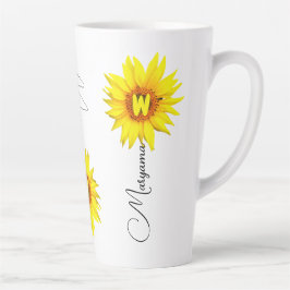 Taza De Café Latte Nombre personalizado y monograma con girasol elega
