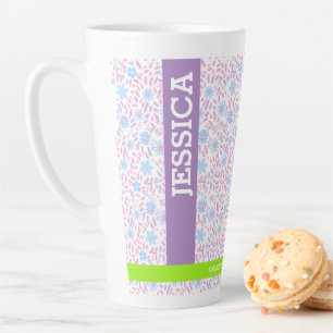 Taza De Café Latte Nombre y monograma floral personalizados