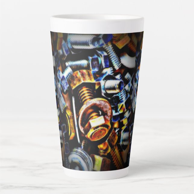 Taza De Café Latte Nueces y pernos de arte pop (Anverso)