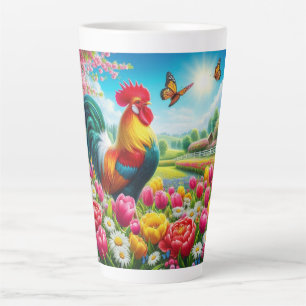 Taza De Café Latte Obra de arte de gallos/gallos/gallinas con flores/