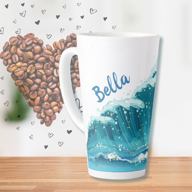 Taza De Café Latte Ola de playa Tranquila Azul y Purpurina Cute (Subido por el creador)