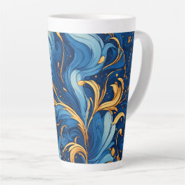 Taza De Café Latte Olas Reales de Capricho Remolinos de Azul y Dorado