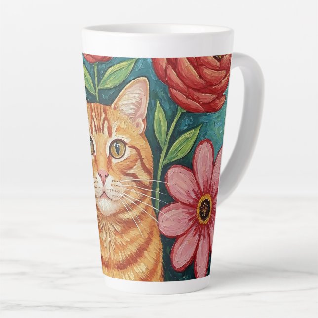 Taza De Café Latte Orange Cat Folk Art Flowers (Ángulo derecho)