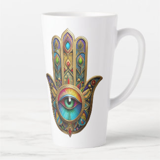 Taza De Café Latte Ornate Gold Colorful Hamsa Green on Red Third Eye