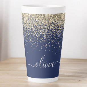 Taza De Café Latte Oro Azul Marino Glitter Monograma Nombre Femenino