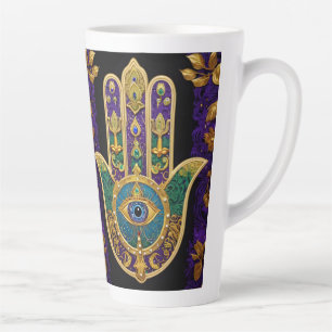 Taza De Café Latte Oro de Mardi Gras Púrpura Verde Hamsas Arte