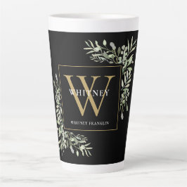 Taza De Café Latte Oro Negro Monograma Elegante Modernidad Verde