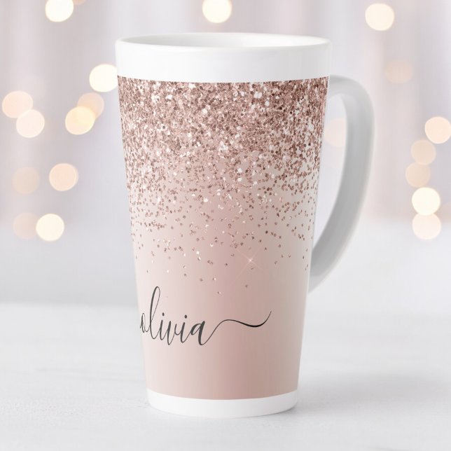 Taza De Café Latte Oro Rosa - Nombre Monograma Metálico con Brillo Ro (Subido por el creador)