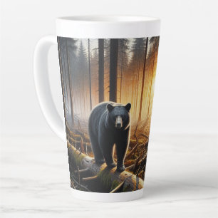 Taza De Café Latte Oso negro en escena forestal