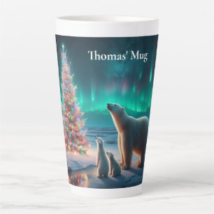 Taza De Café Latte Oso Polar Mamá Cubre Árbol De Navidad Aurora Borea