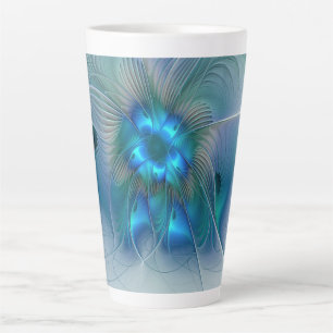 Taza De Café Latte Ovaciones de pie, fractal azul turquesa abstracto