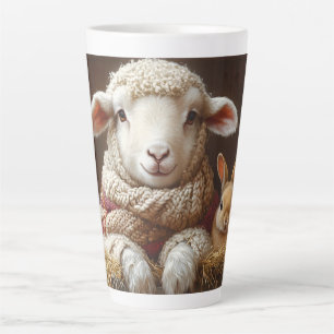 Taza De Café Latte Oveja y conejo acogedores en granero con flores