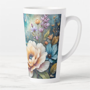Taza De Café Latte Paisaje forestal del río Cosmos azul y albaricoque