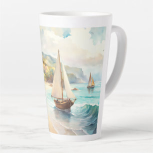 Taza De Café Latte Paisaje marítimo y velero