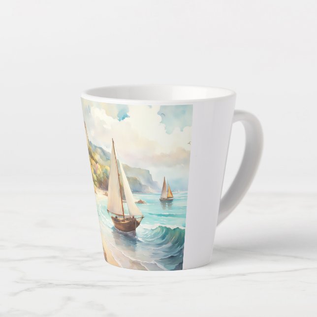 Taza De Café Latte Paisaje marítimo y velero (Ángulo derecho)