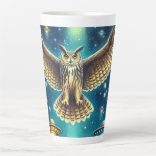 Taza De Café Latte Paisaje nocturno de búho cósmico - OVNIs en el cie