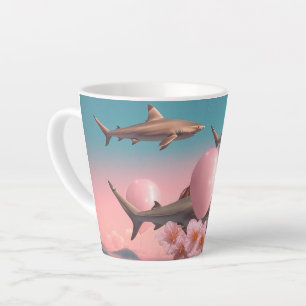 Taza De Café Latte Paisaje onírico surrealista con tiburones y globos